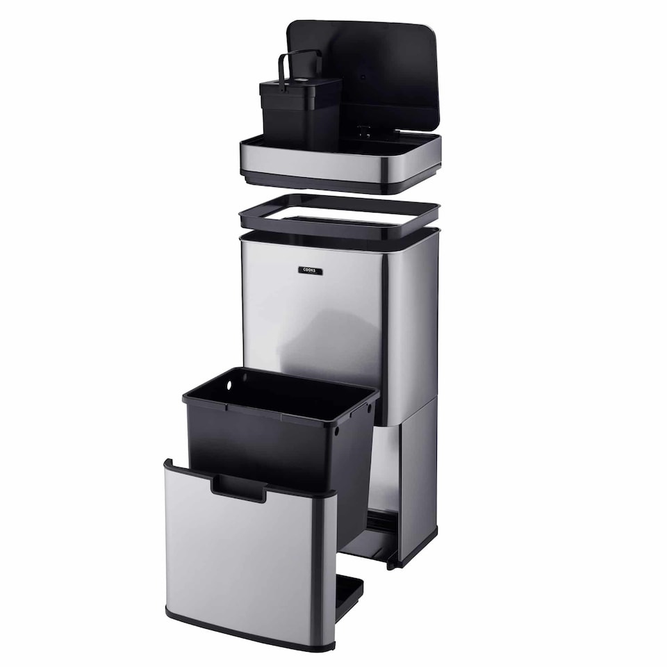 image 1 of Cooks Professonal Recycling Sensor Bin | 75L | 3 Compartments plus Food Caddy | Stainless Steel | Silver