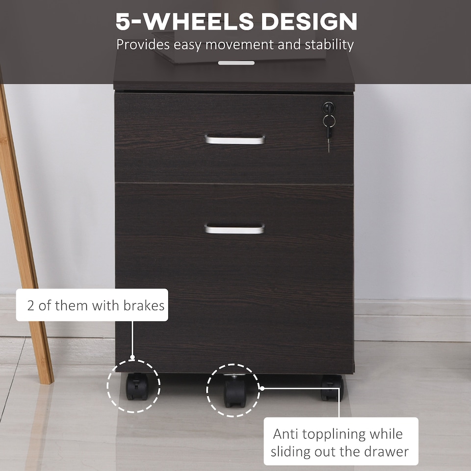 image 1 of Vinsetto 2-Drawer Locking Office Filing Cabinet w 5 Wheels Rolling Storage Hanging A4 Cupboard Home Organisation Black Wood Grain