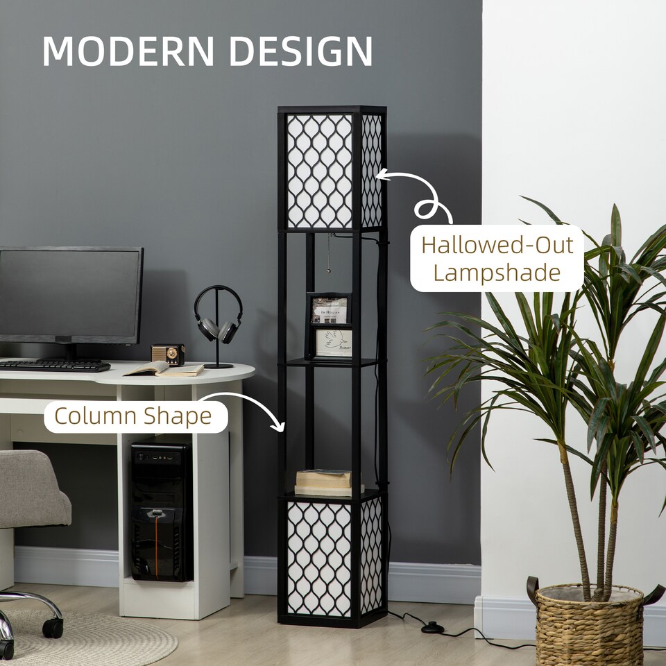image 1 of HOMCOM 2-Light Modern Floor Lamp with Shelves for Living Room, Bedroom, Black
