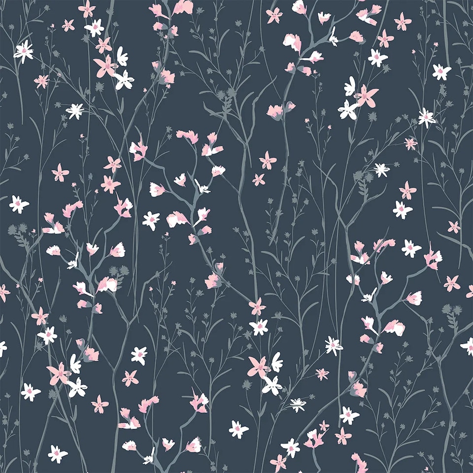 image 1 of Summer Meadow Wallpaper in Navy and Pink | Blue | Navy and Pink