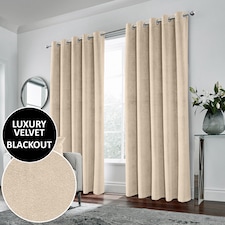 Luxury Enhanced Living Cream Velvet, Supersoft, 100% Blackout, Thermal Pair of Curtains with Eyelet Top - 46 x 54 inch (117x137cm)