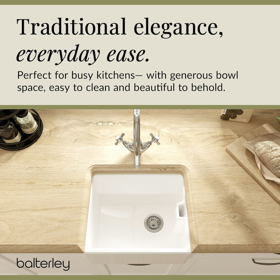 image 1 of Single Bowl Fireclay Compact Belfast Kitchen Sink & Basket Strainer Waste - 460mm
