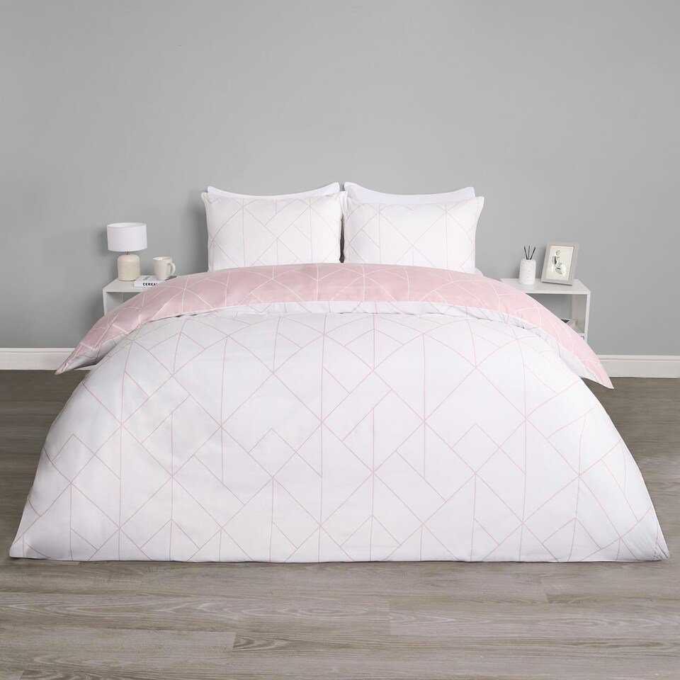image 1 of OHS Geometric Reversible Print Duvet Cover and Pillowcase Set, Double - Blush Pink