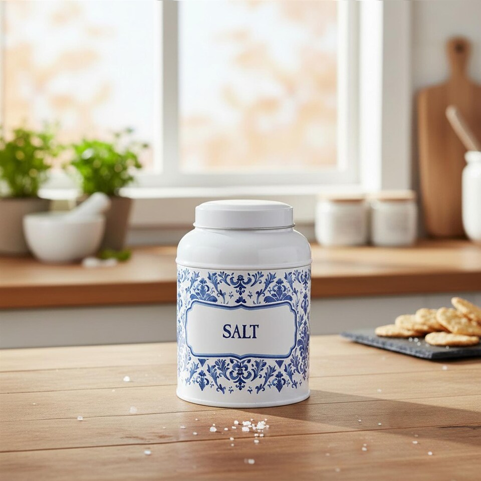 image 1 of Oriental Ink Salt Canister - Small Domed Lid Kitchen Storage Jar