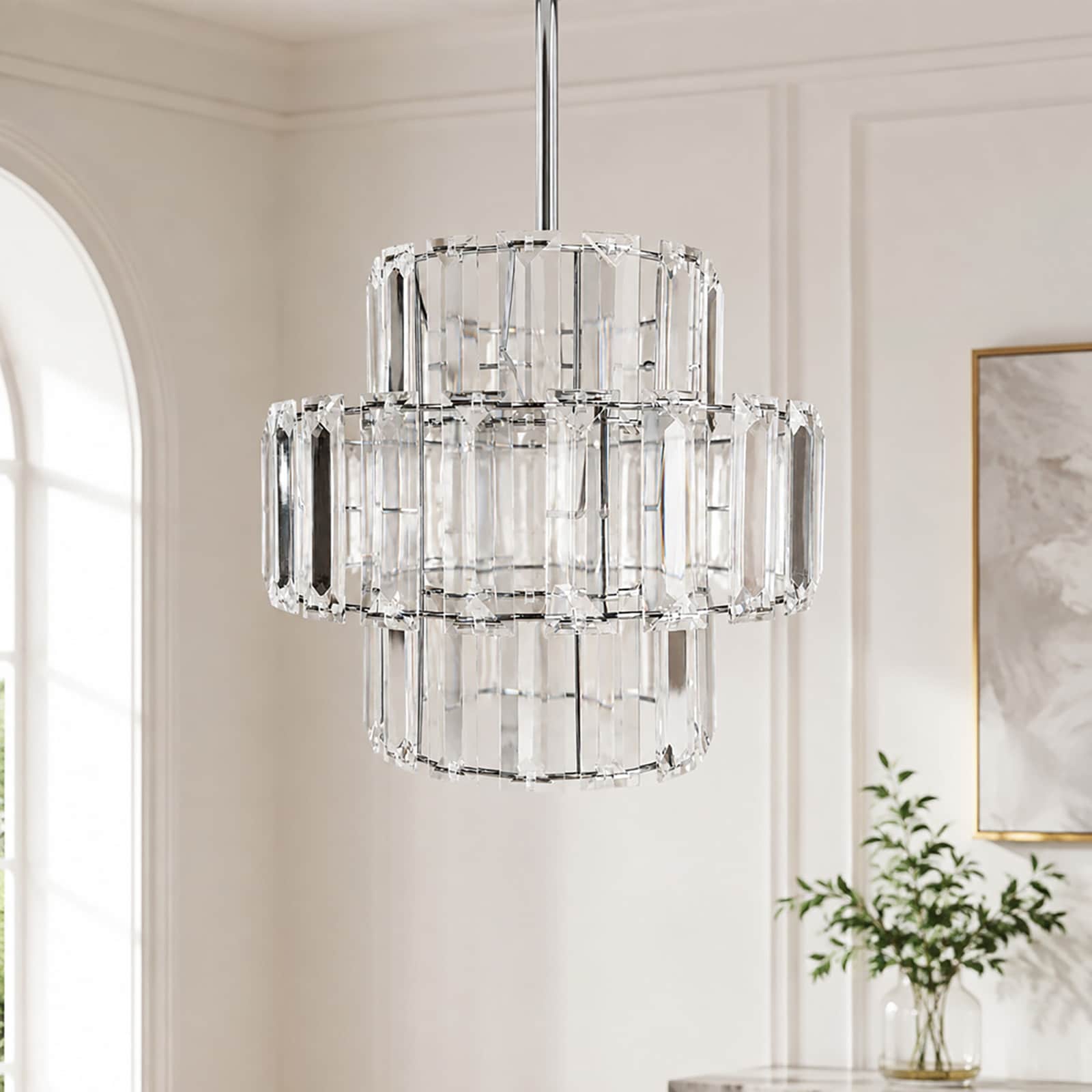 3-Tier Clear Acrylic Chandelier Shade Metal Frame 25 x 22 cm Clear acrylic panels with a metal frame. Shade only for compatible pendant lights and cha