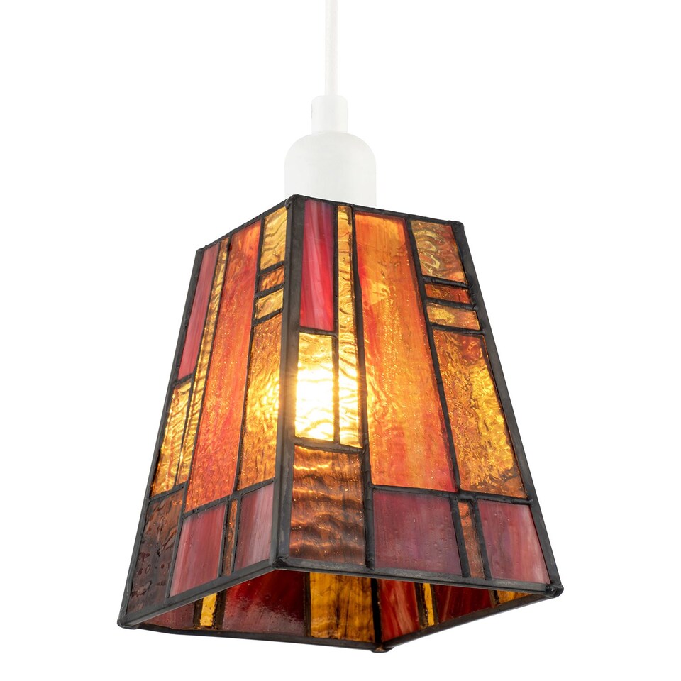image 1 of Art Deco Tiffany Glass Pendant Shade with Orange and Amber Panels