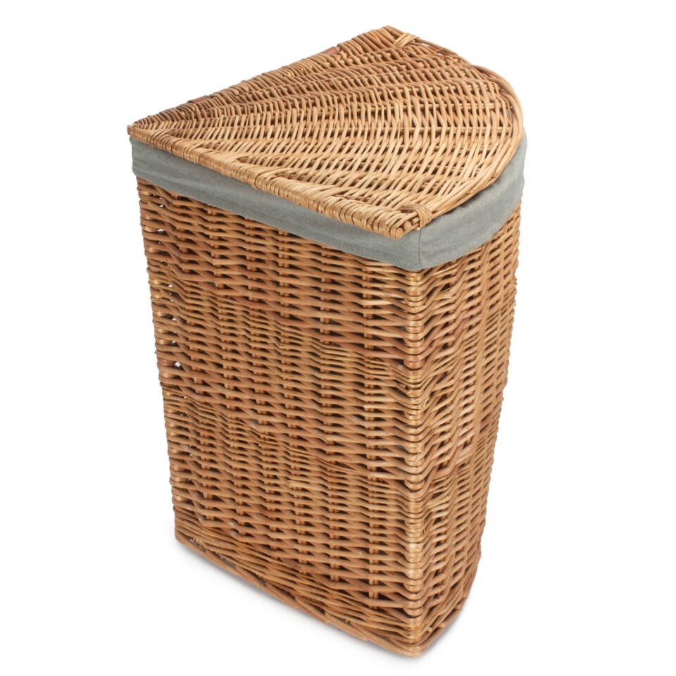 image 1 of Large Light Steamed Corner Linen Basket with Grey Sage Lining | Grey | Grey