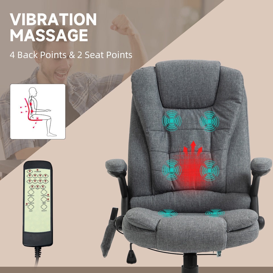 image 1 of Vinsetto Office Chair, Ergonomic Desk Chair with 6-Point Massage and Back Heated, Linen-Feel Fabric Computer Gaming Chair with Arms, Lumbar Support, Grey