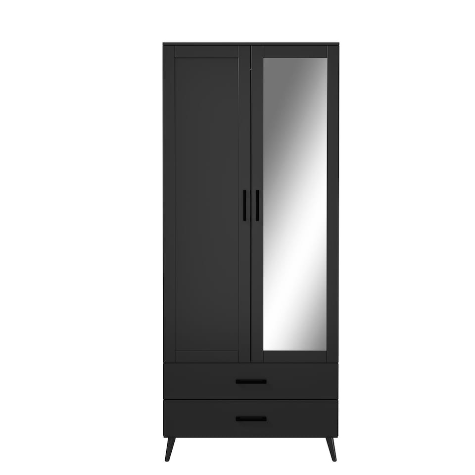 image 1 of 2-Door 2-Drawer Mirror Wardrobe with Legs | Black | Black & Black | 55 x 9.5 x 149 | 1
