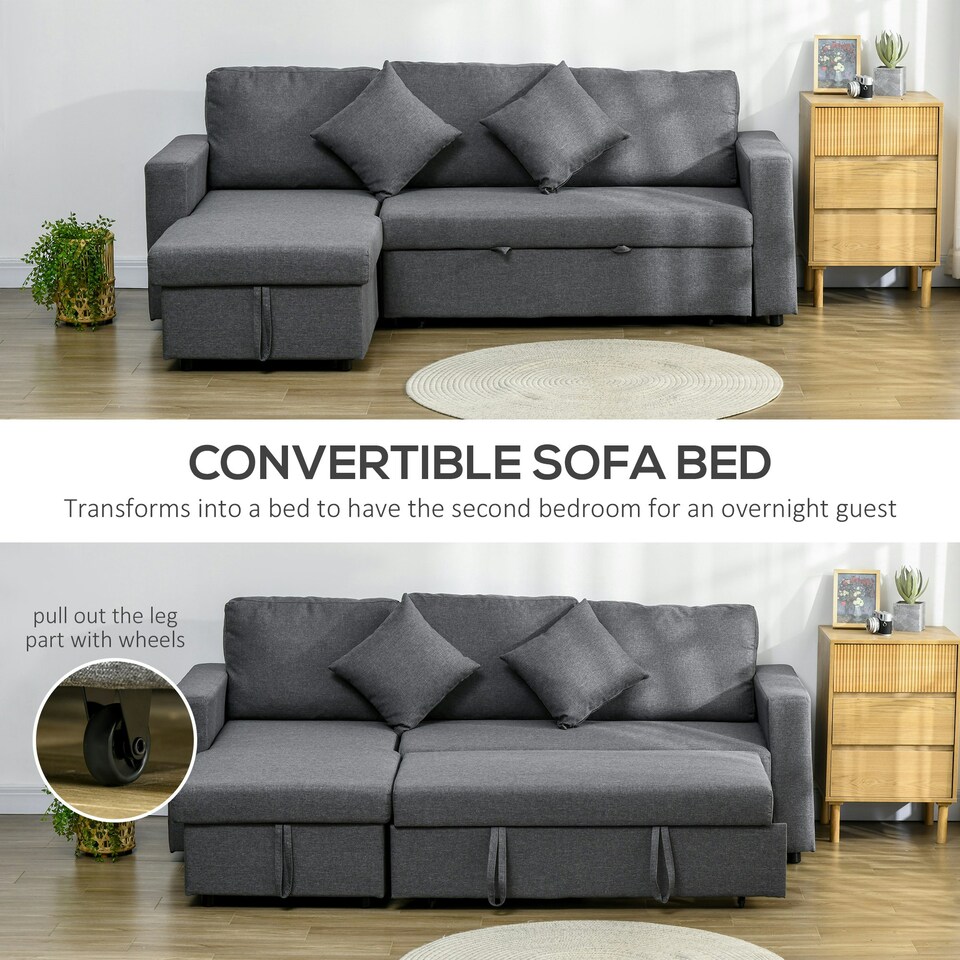 image 1 of HOMCOM Corner Sofa Bed w/ Storage, 3 Seater Pull Out, Dark Grey