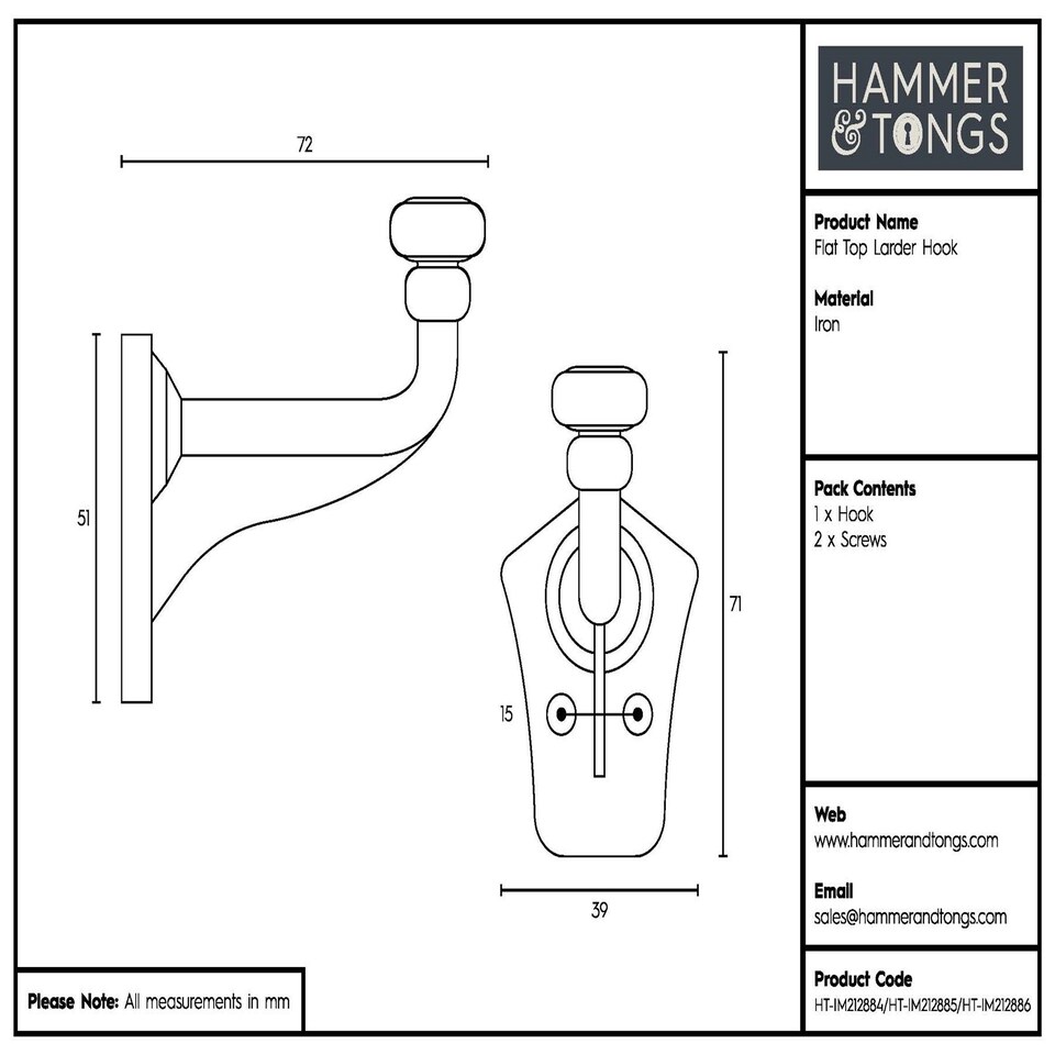 image 1 of Hammer & Tongs Flat Top Larder Hook - W40mm x H70mm - Raw