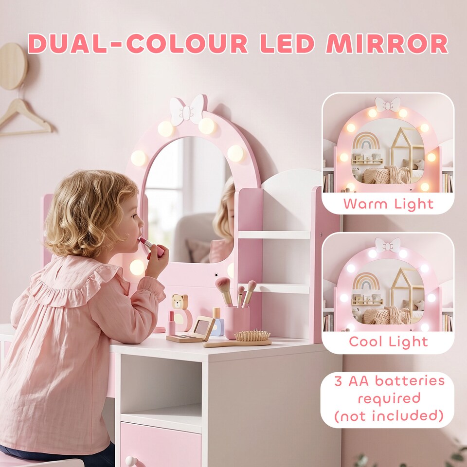 image 1 of AIYAPLAY Kids Dressing Table with Stool, Lighted Mirror, Pink