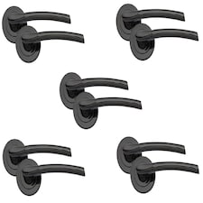 Golden Grace 5 Pairs Indiana Style Modern in Door Handles on Round Rose in Polished Black Nickel Finish with Spindle and Fixings Black