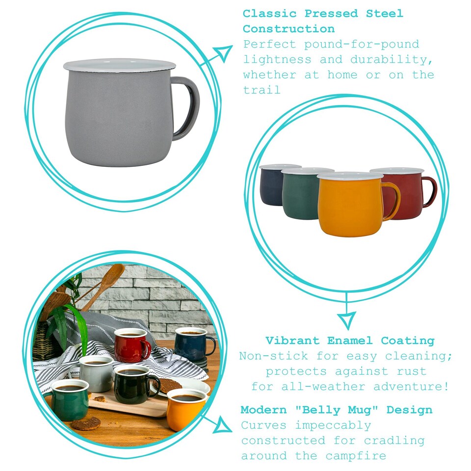 image 1 of Argon Tableware Coloured Enamel Belly Mugs - 375ml - Grey/Cream - Pack of 6 | Grey | Grey/Cream