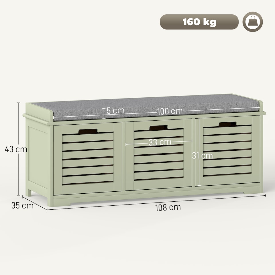 image 1 of HOMCOM 3-Door Shoe Storage Bench Cushion Seat Slatted Doors, Green | Green