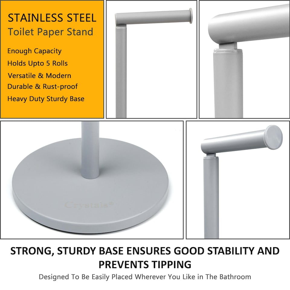 image 1 of 2 in 1 Toilet Paper Holder Grey Bathroom Free Standing Tissue Roll Storage Rack