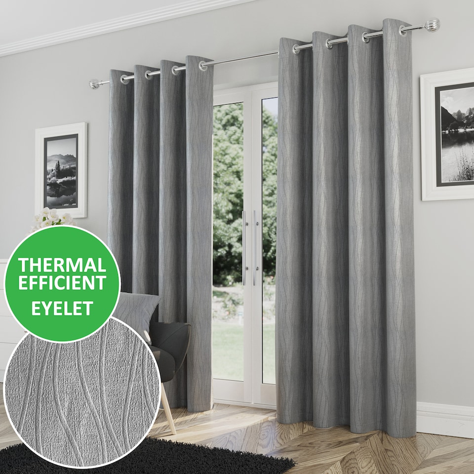 image 1 of Enhanced Living Goodwood Silver Thermal, Energy Saving, Dimout Eyelet Curtains with Wave Pattern (PAIR) - 90 x 72 inch (229x183cm)