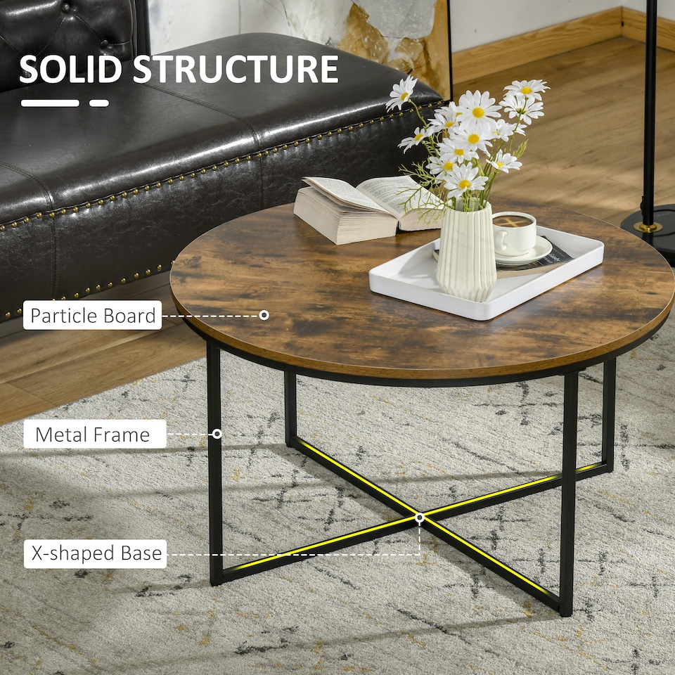 image 1 of HOMCOM Round Coffee Table, Industrial Side Table with Metal Frame, Large Coffee Tables for Living Room, Bedroom, Rustic Brown | Brown
