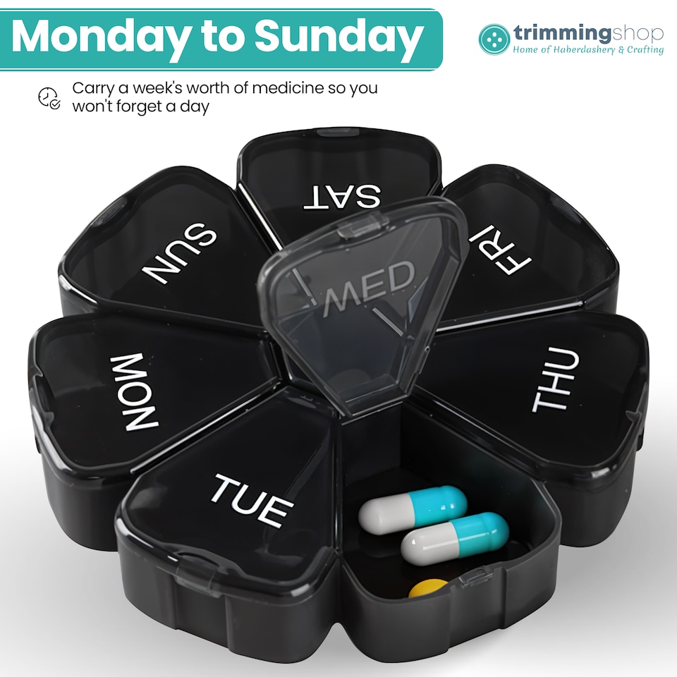 image 1 of Black Weekly Pill Box, Pill Organiser with Weekday Labels