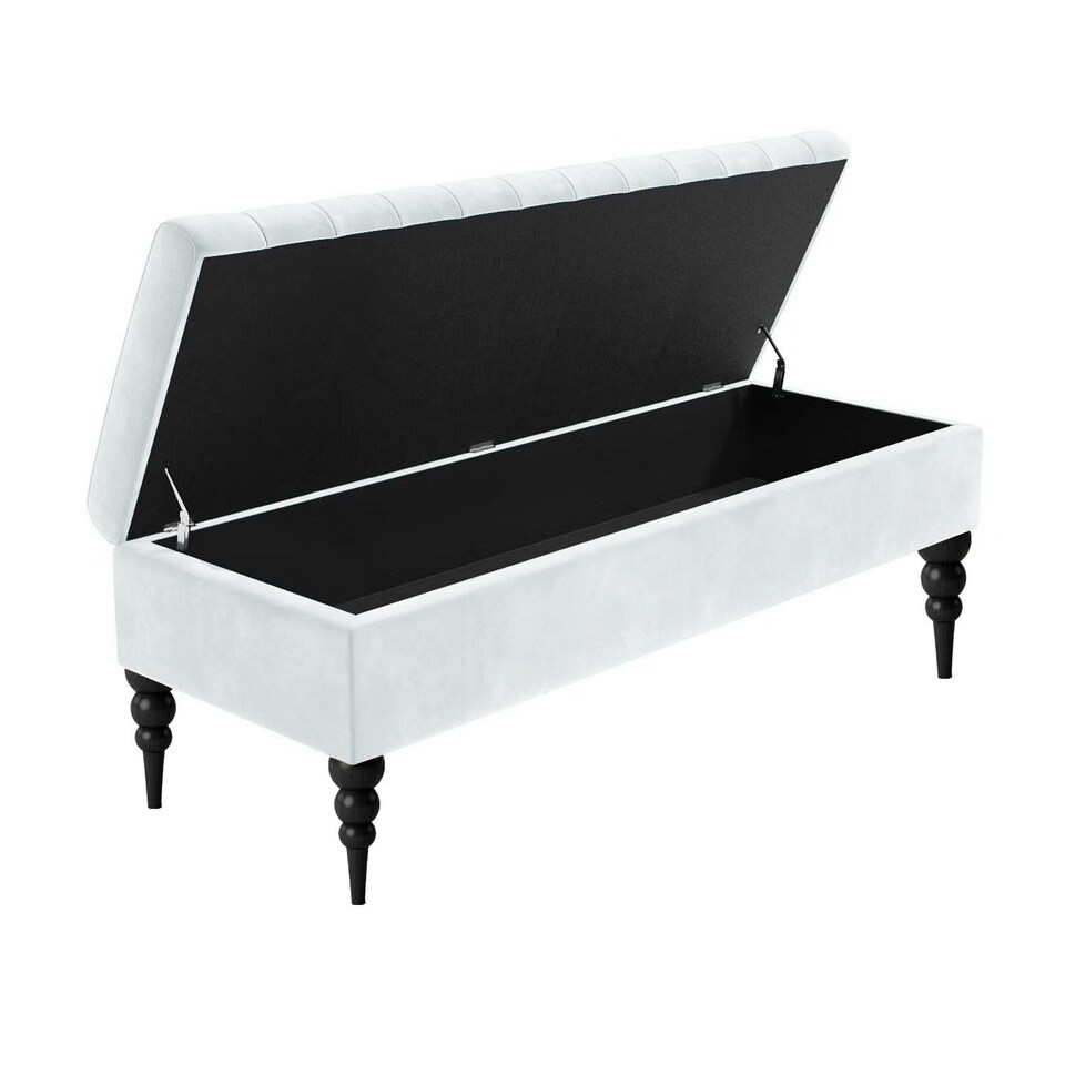 image 1 of 120cm Sierra Striped Ottoman Storage Bench with Black Turned Wooden Legs - White Plush Velvet Upholstered Shoes Bench