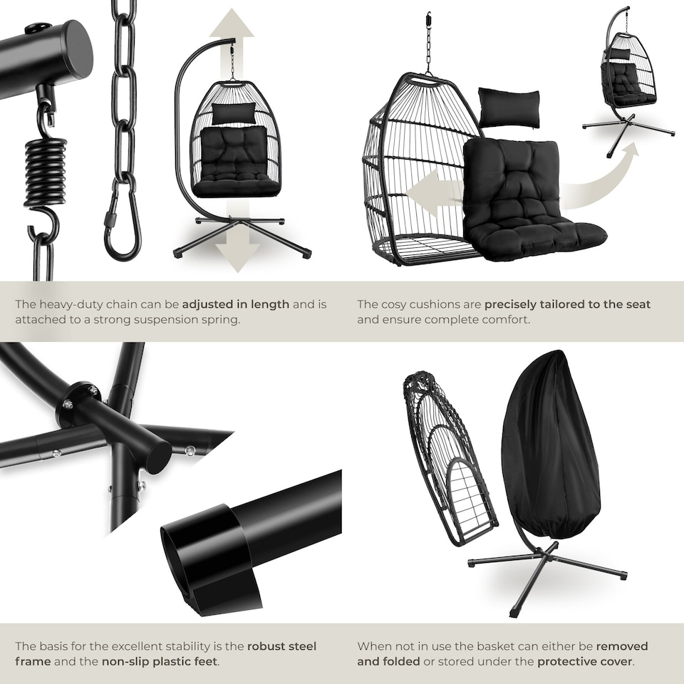 image 1 of Egg Chair Ariane with Swing Seat Frame, Thick Cushions and Protective Cover | Black | black | 1