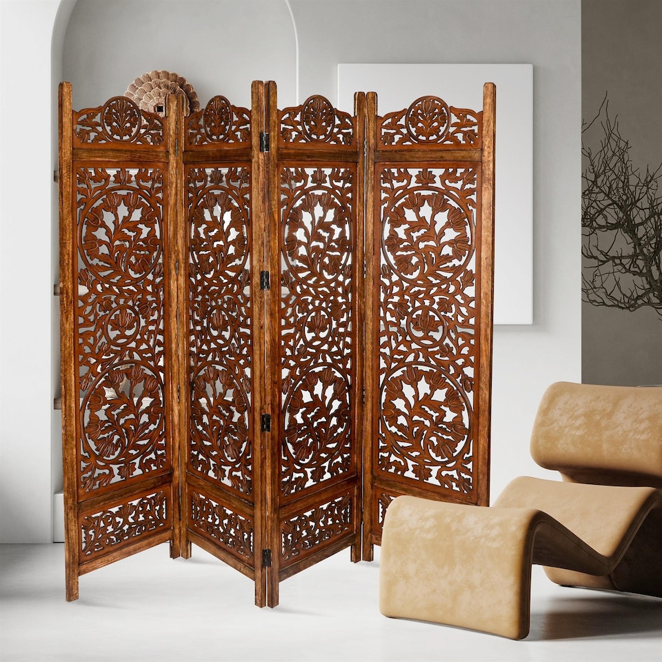 image 1 of 4 Panel Heavy Duty Carved  Screen Wooden Lotus Design Room Divider Light Brown 200 x 180 cm | Brown | Light Brown | 200 x 180 cm