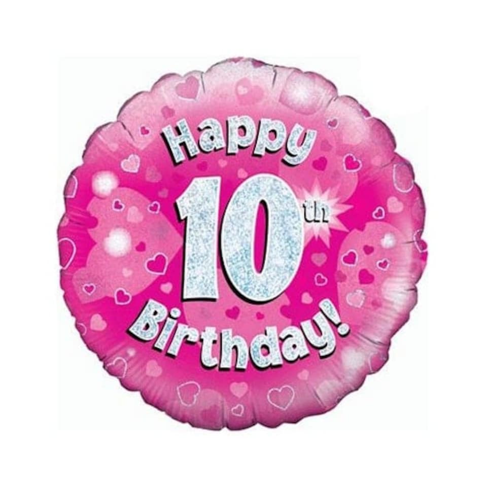 Pink Happy 10th Birthday Holographic Round Foil Helium Balloon 46cm / 18 in