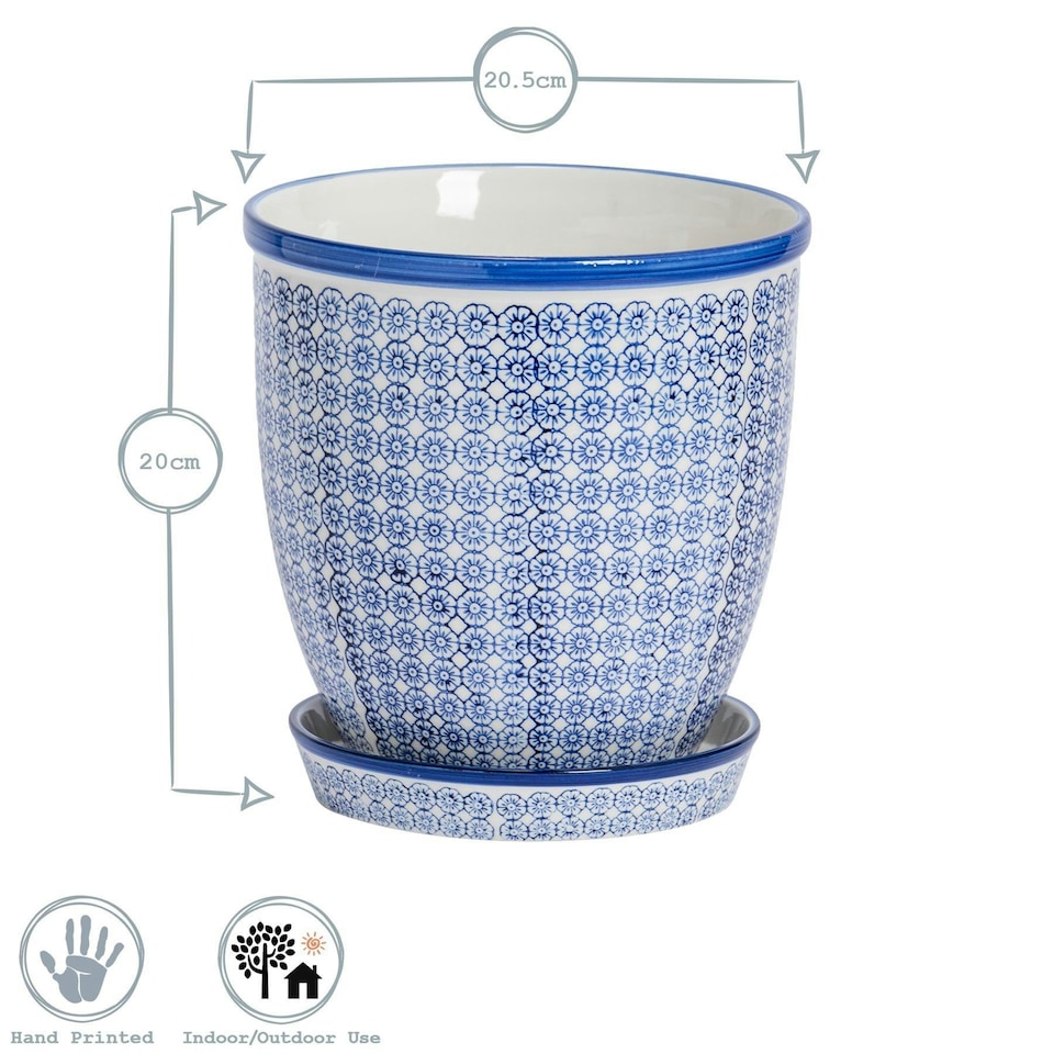 image 1 of Nicola Spring Hand-Printed Plant Pot with Saucer - 20.5cm - Blue Multi