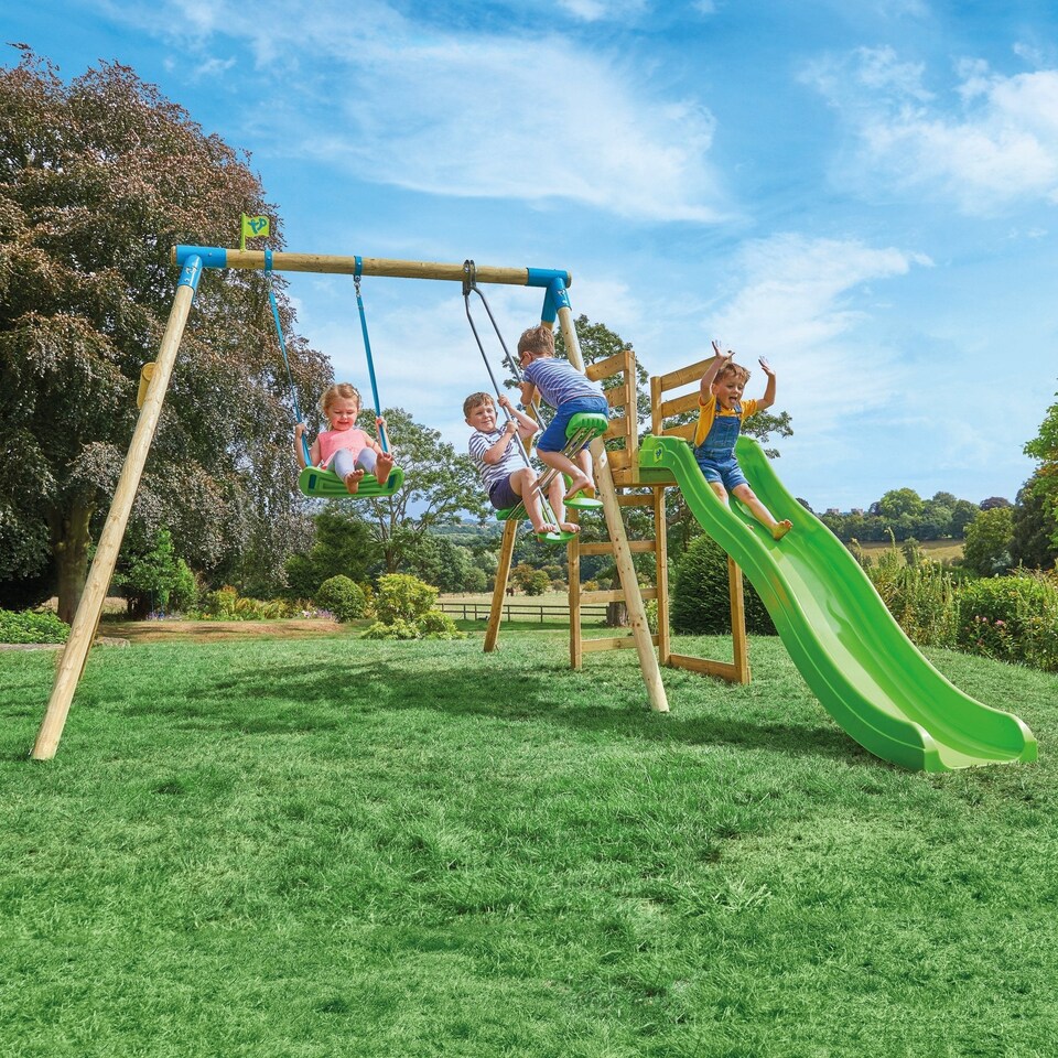 image 1 of TP Kite Wooden Double Swing Set with 8ft Slide
