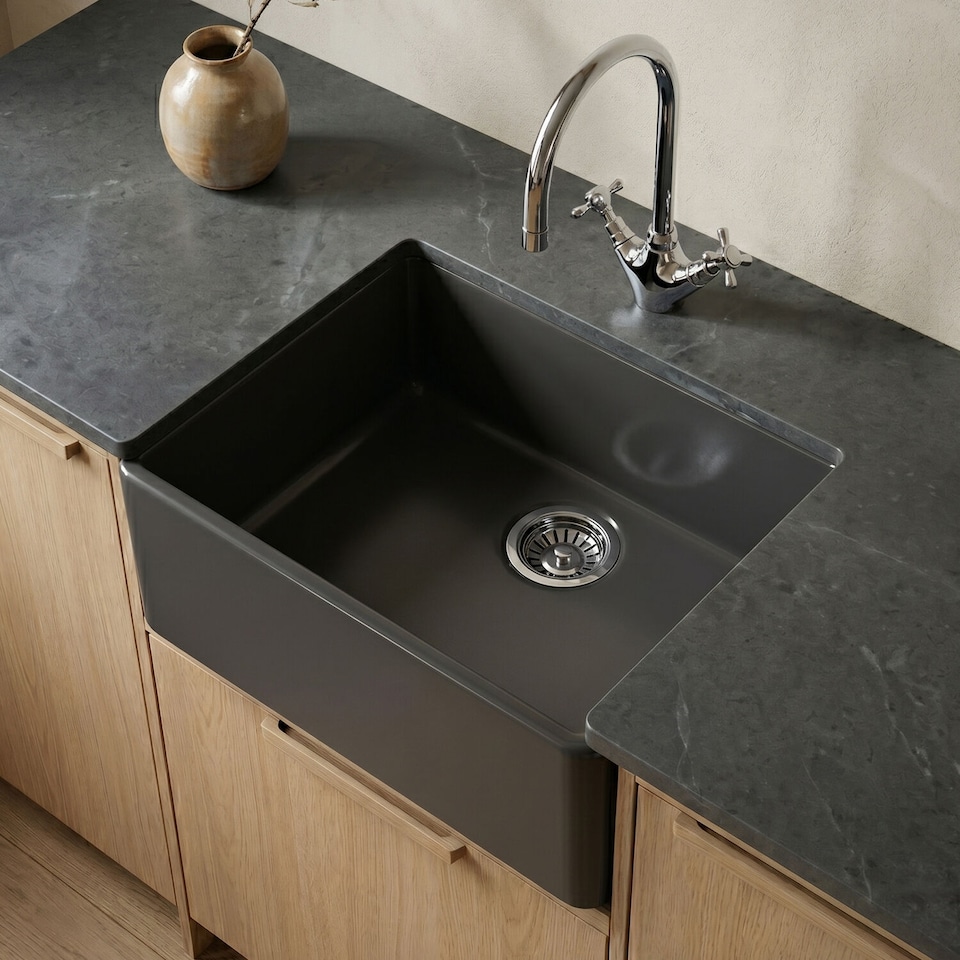 image 1 of Balterley Fireclay Kitchen Single Bowl Butler Sink | Grey | Soft Black | 1