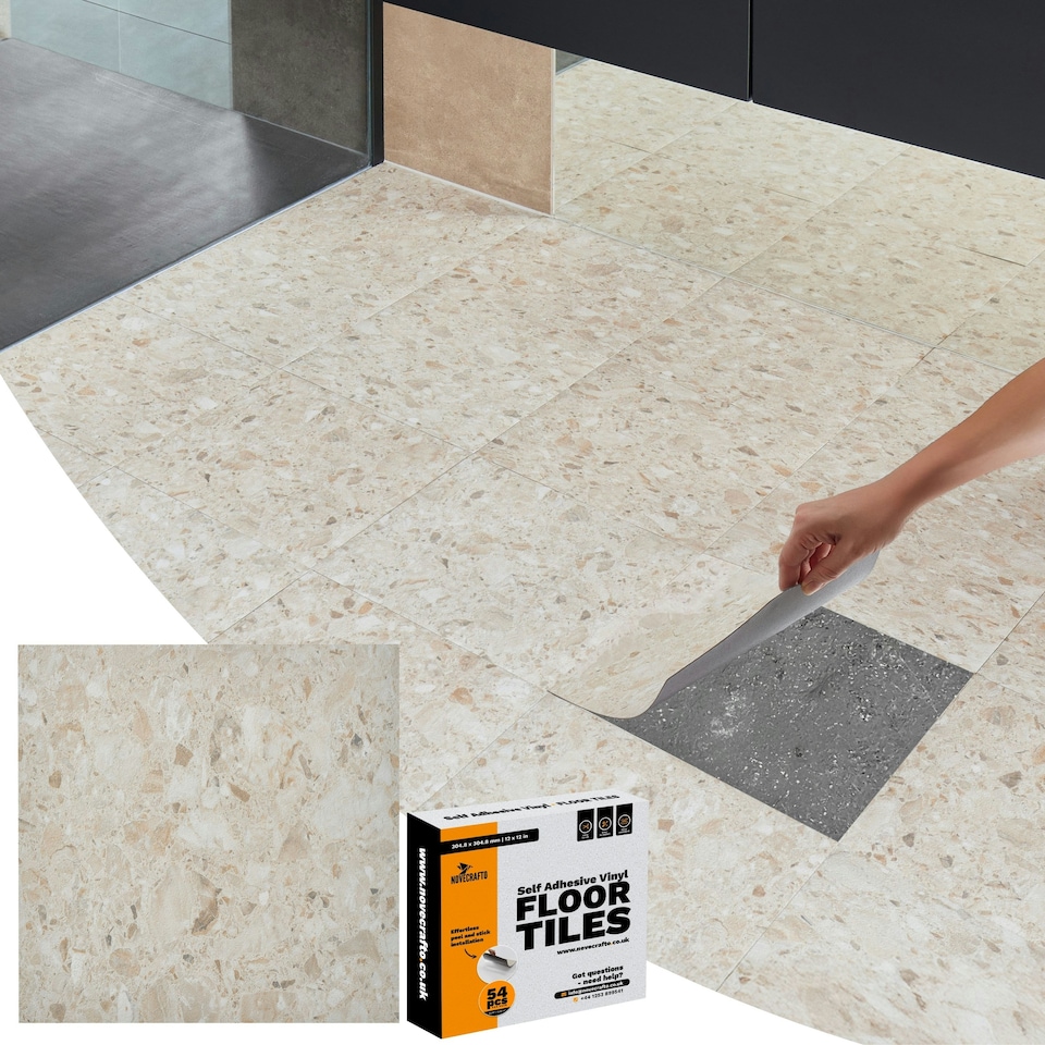 image 1 of NOVECRAFTO Vinyl Floor Tile – Self Adhesive 12x12 in – Desert Terrazzo – Peel & Stick for Kitchen, Bathroom & Living Room – Waterproof & Easy DIY | Brown | 3.72 sqm