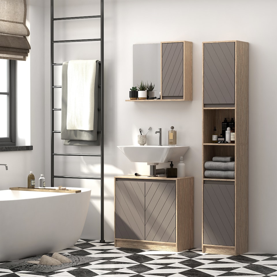 image 1 of HOMCOM Narrow Bathroom Cabinet, Slim Bathroom Storage Unit with Open Compartment, Freestanding Storage Cupboard with Adjustable Shelves for Small Spaces, 30 x 24 x 170 cm, Grey and Oak