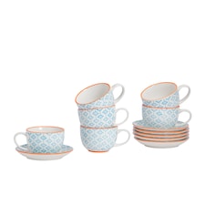 Nicola Spring 12 Piece Hand-Printed Cappuccino Cup & Saucer Set - 250ml - Blue