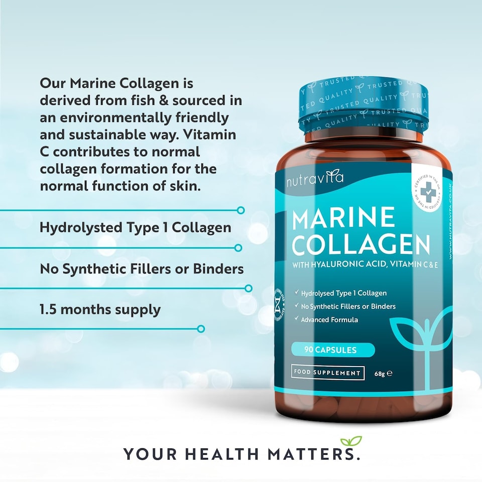 image 1 of Nutravita Marine Collagen 1000mg with Hyaluronic Acid 100mg - Hydrolysed Collagen, Vitamin C, Vitamin E, Vitamin B2, Zinc, Copper - 90 Capsules