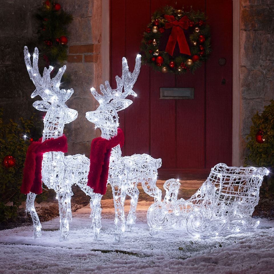 image 1 of Neo 120 Indoor Outdoor LED Light Up Reindeer and Sleigh Christmas Decoration Festive Display with Dual Light Effects Timer Red Scarves Weatherproof Frame 5m Lead Wire