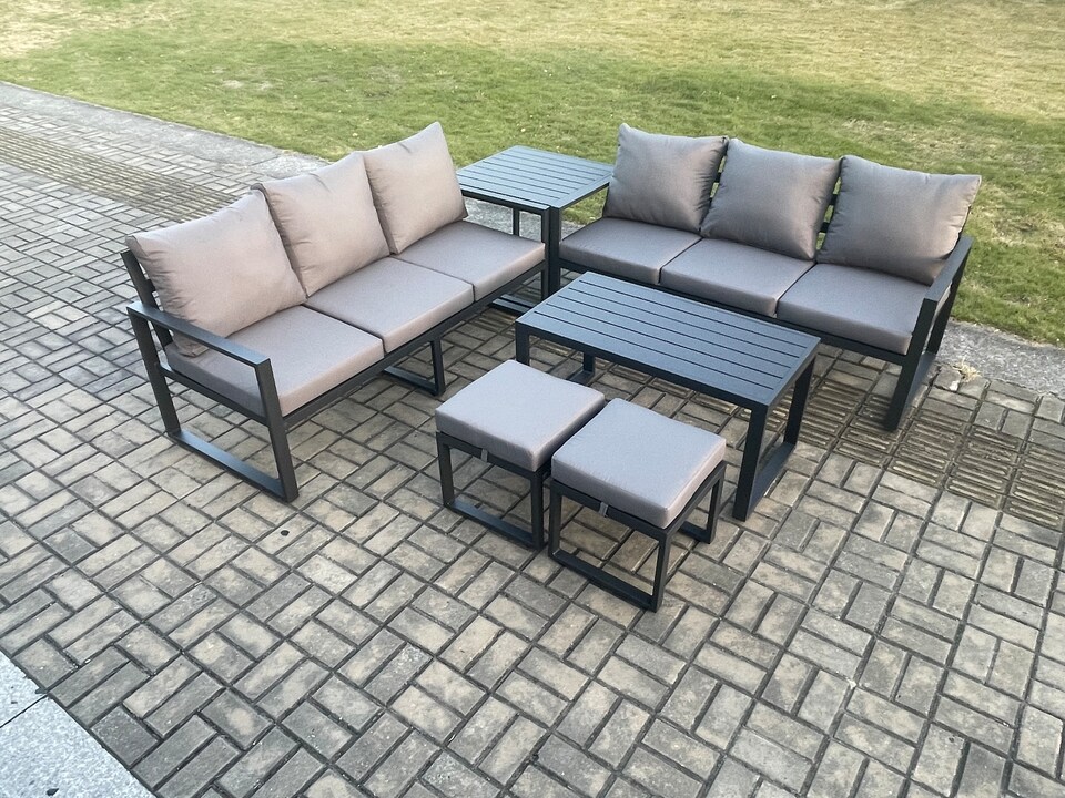 image 1 of Fimous Aluminium Patio Outdoor Garden Furniture Lounge Sofa Set with Oblong Coffee Table 2 Small Footstools Side Table Dark Grey