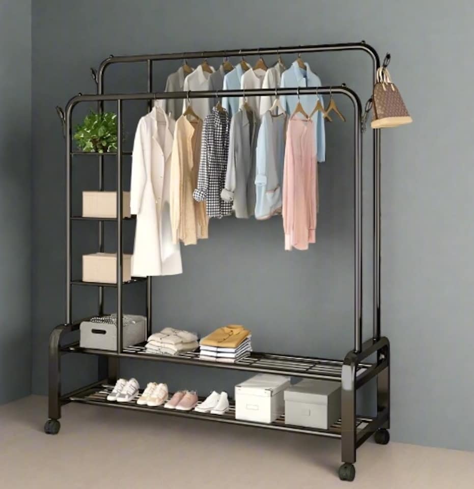 image 1 of Black Heavy Duty Double Clothes Rail with Wheels – Garment Hanging Rack & Storage Shelf