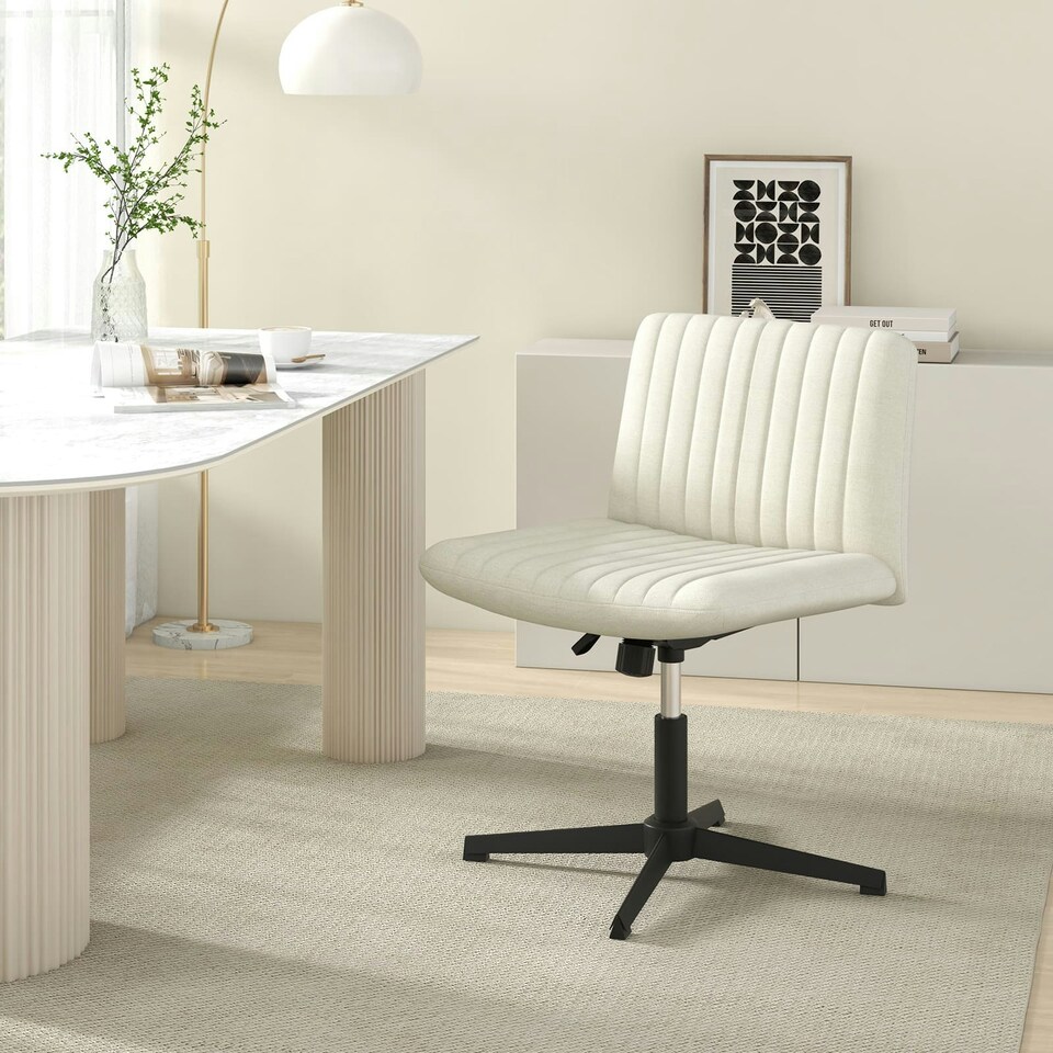 image 1 of COSTWAY Criss Cross Legged Chair Home Office Chair Beige White