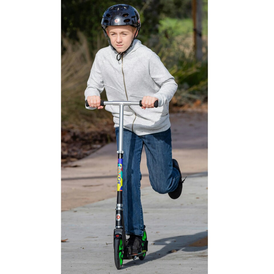 image 1 of Razor A5 Lux Kick Scooter - Large 8 Inch Wheels, Foldable, Adjustable Handlebars, Lightweight, for Riders up to 220 lbs, Light Up, Green