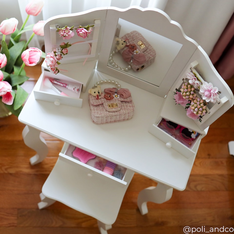 image 1 of Teamson Kids Wooden Kids Vanity Table and Stool Set, White with Drawers