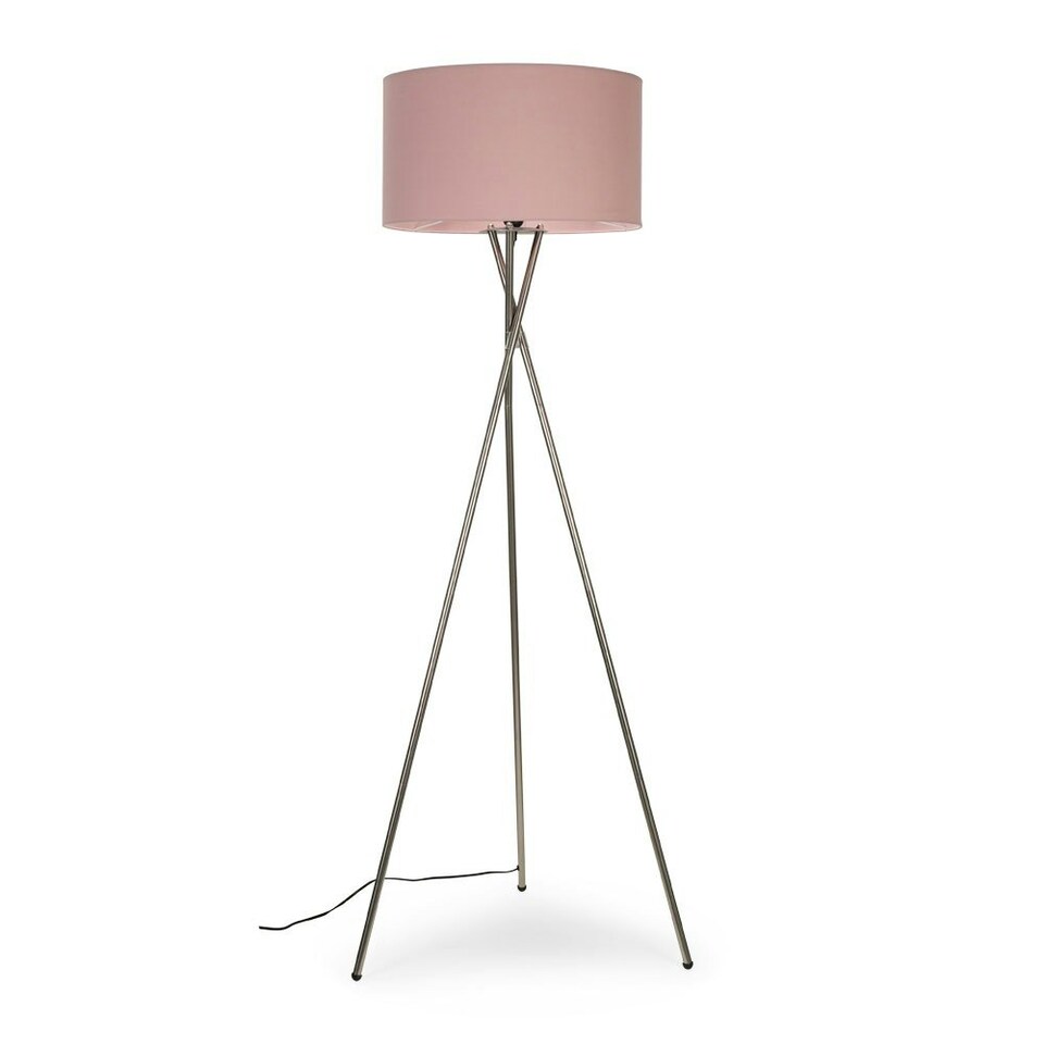 image 1 of ValueLights Camden Brushed Chrome Tripod Floor Lamp Pink Shade and Bulb
