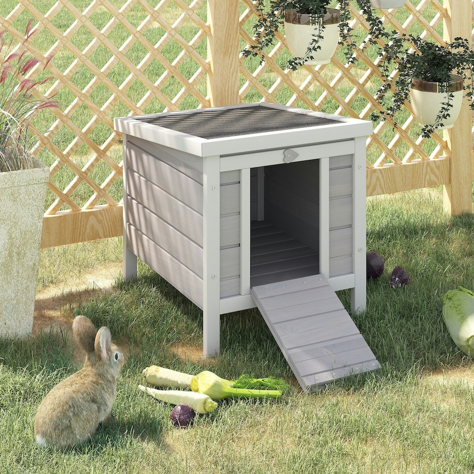 image 1 of PawHut Rabbit Hutch, Bunny Cage Outdoor Wooden House w/ Asphalt Roof, Grey