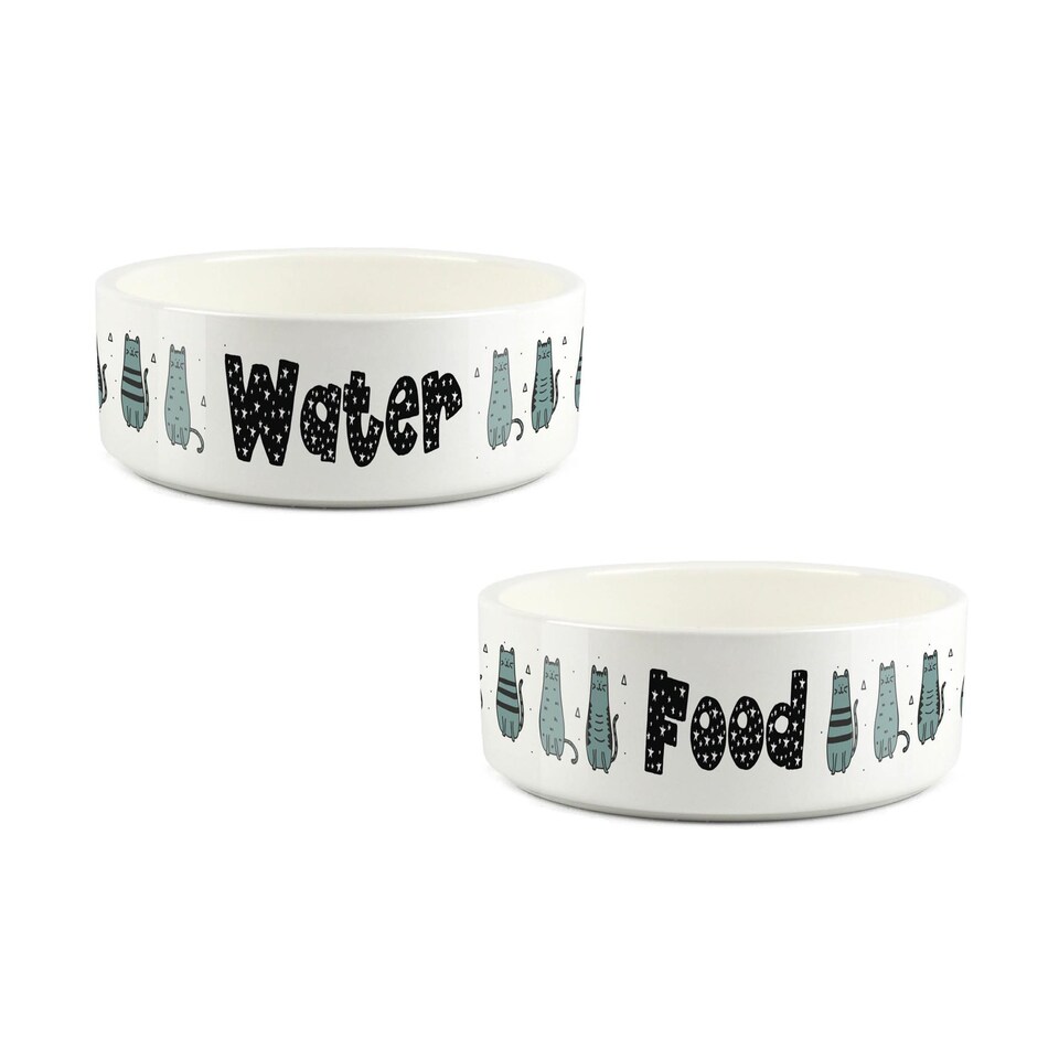 image 1 of Blue Cats Small Ceramic Bowl Set - White Feeding & Drinking Dishes For Cats