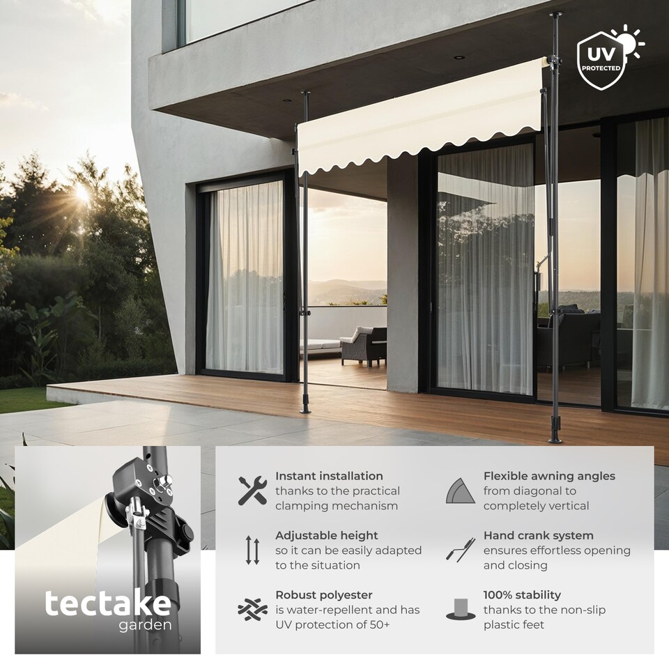 image 1 of Awning with hand crank - pressure fitted , height adjustable | Cream | beige | 250 x 180 cm | 1