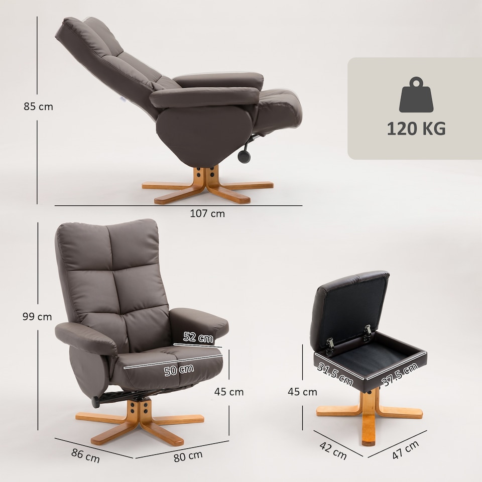 image 1 of HOMCOM Recliner Chair and Footstool PU Leather Wooden Base Brown