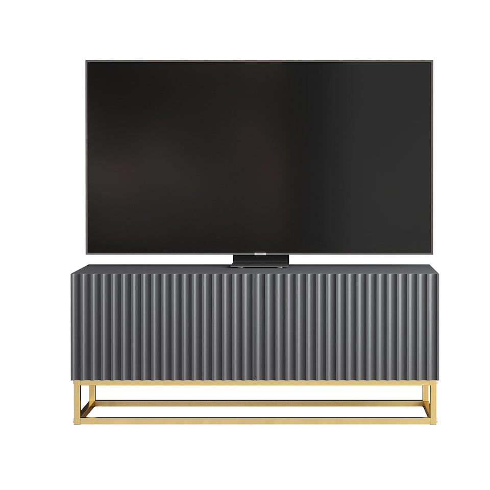 image 1 of TV Unit Stand Cabinet Sideboard Media Cabinet Storage Unit Grey Fluted Gold Base 100cm