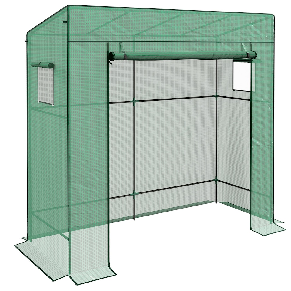 image 1 of Walk-in Garden Green House with Large Roll-up Door and 2 Mesh Windows, Green