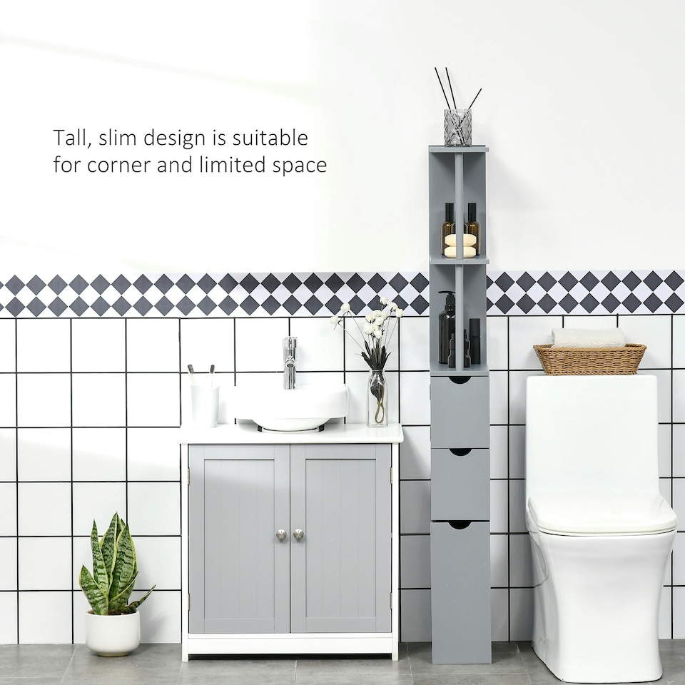 image 1 of HOMCOM Tall Bathroom Storage Cabinet with Shelf and Drawers, Grey