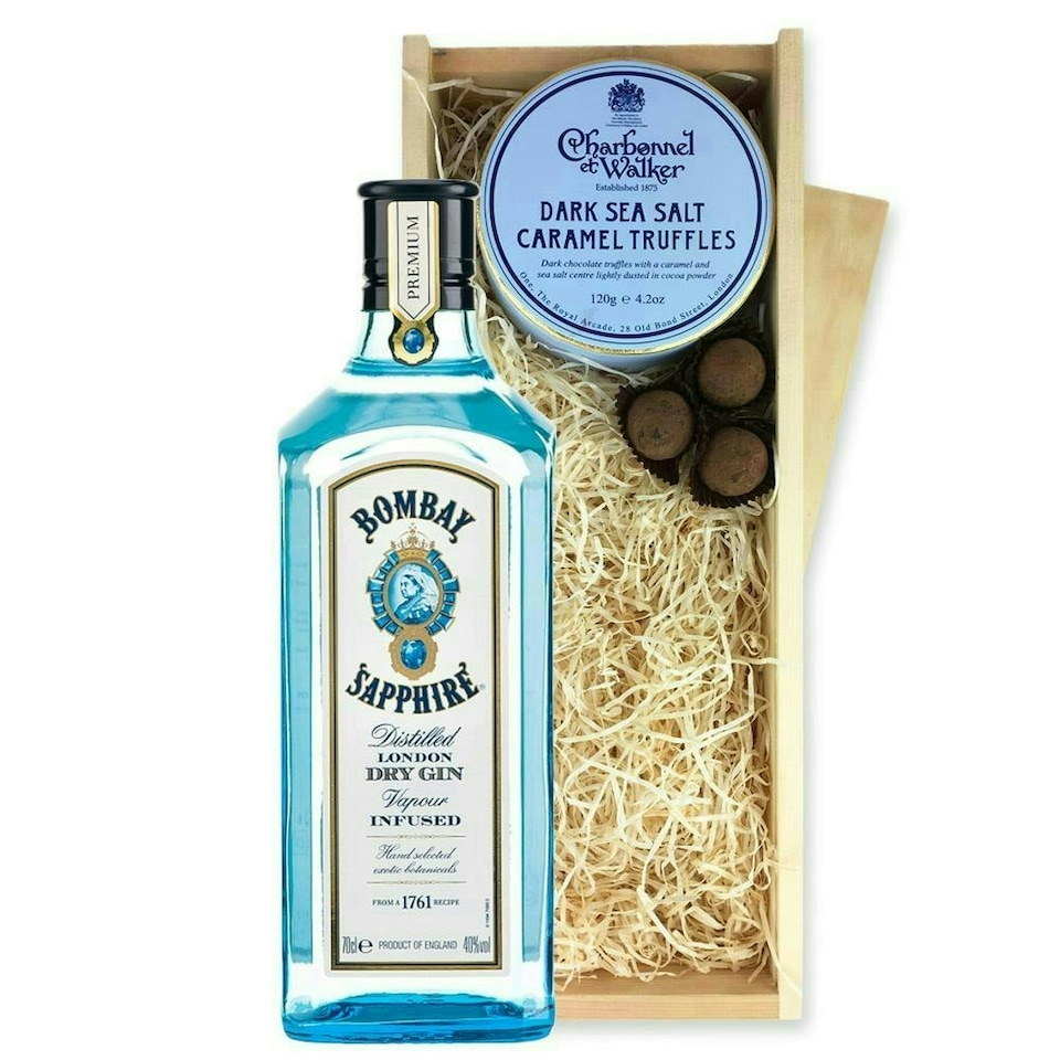 image 1 of Bombay Sapphire London Dry Gin And Dark Sea Salt Charbonnel Chocolates Box 70cl 40% abv