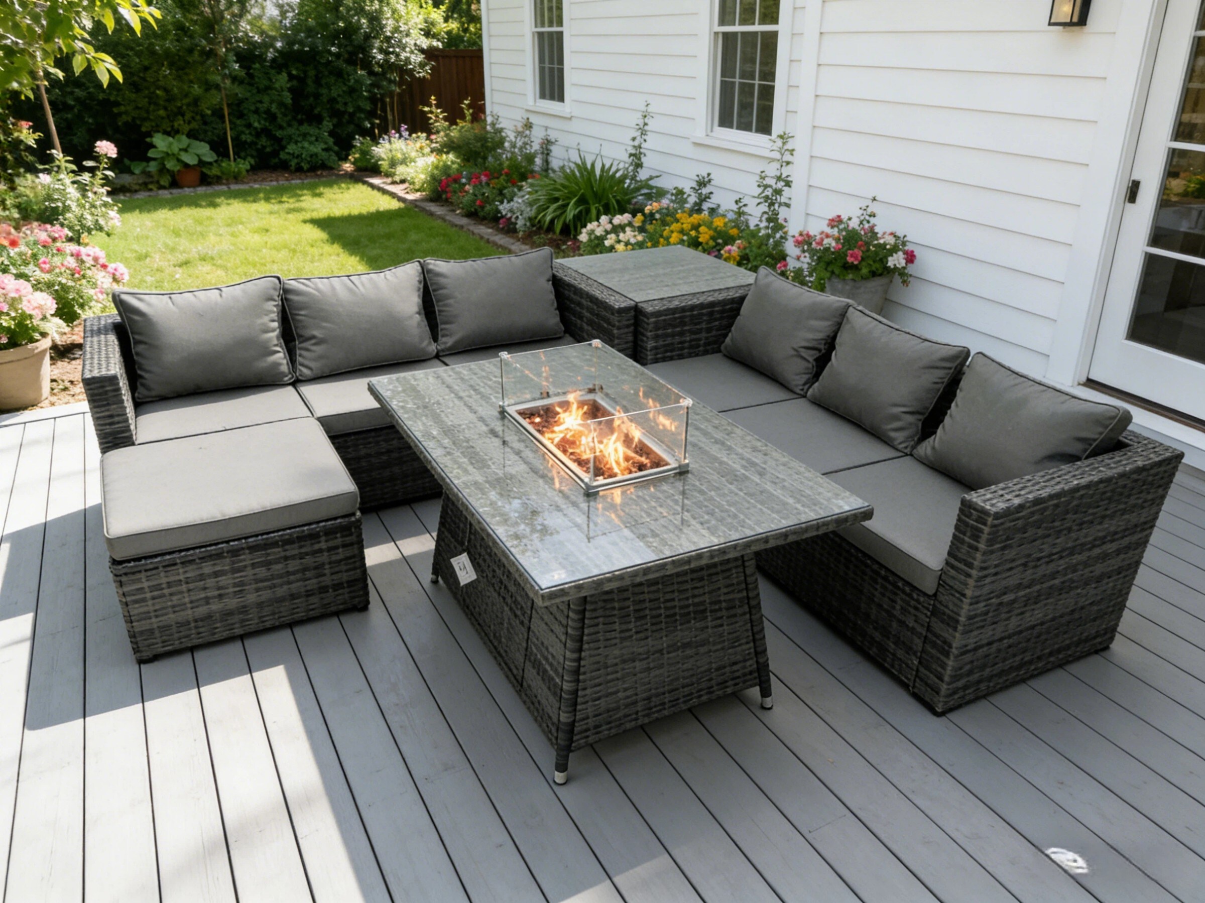 Fimous Outdoor Rattan Garden Furniture Gas Fire Pit Dining Table Sets Gas Heater Lounge Big Footstool Dark Mixed Grey 7 Seater